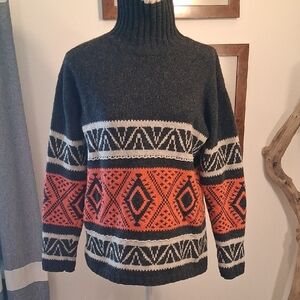 Valerie Stevens Charcoal Gray and Orange Patterned Wool Turtleneck Sweater